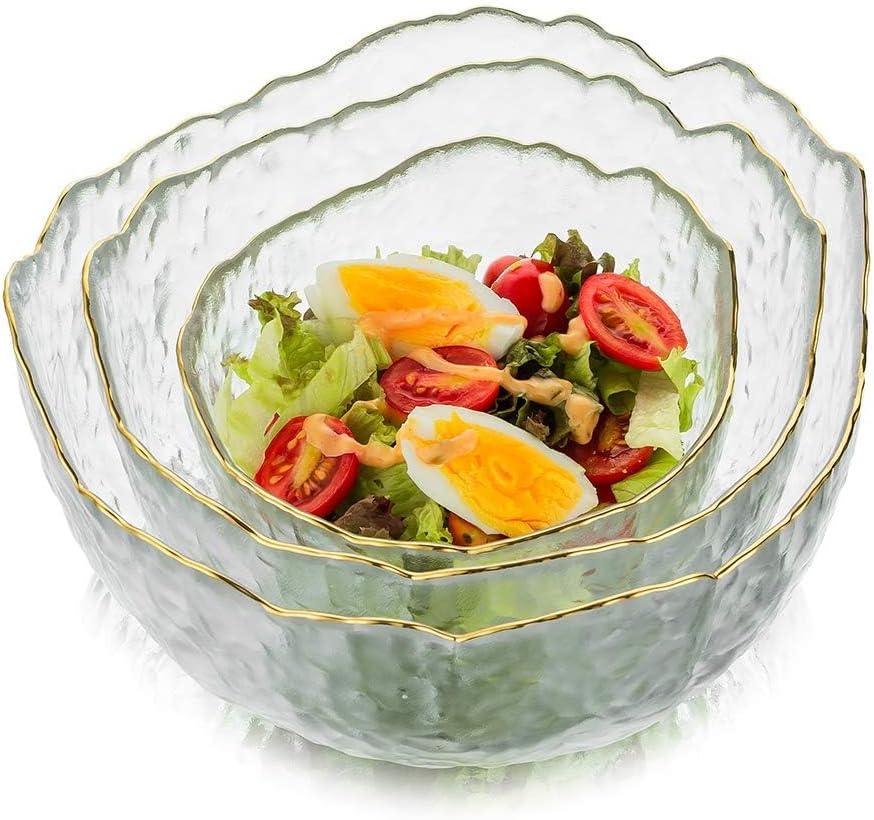 Glasseam Glass Salad Bowls: Clear Serving Bowls Set of 3 Blown Decorative Bowl for Home Decor Modern Cute Mixing Bowls Stacking Fruit Punch Bowl Decor for Kitchen Party Candy Snack Prep Dessert (Transparent)