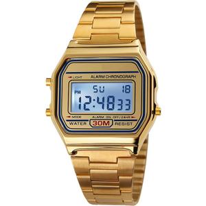 PASOY Men's Digital Gold Stainless Steel Watch Backlit Multifunction Stopwatch Waterproof Sport Watches