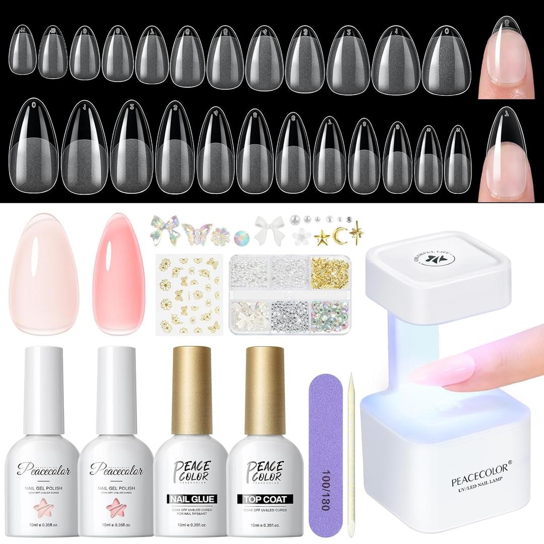 PEACECOLOR Gel Nail Kit, 240Pcs Short Medium Almond Nail Tips with U V Light 2PC Jelly Gel Polish Nail Glue Top Coat Stickers Rhinestones Easy Extension Set DIY Salon Gifts for Women