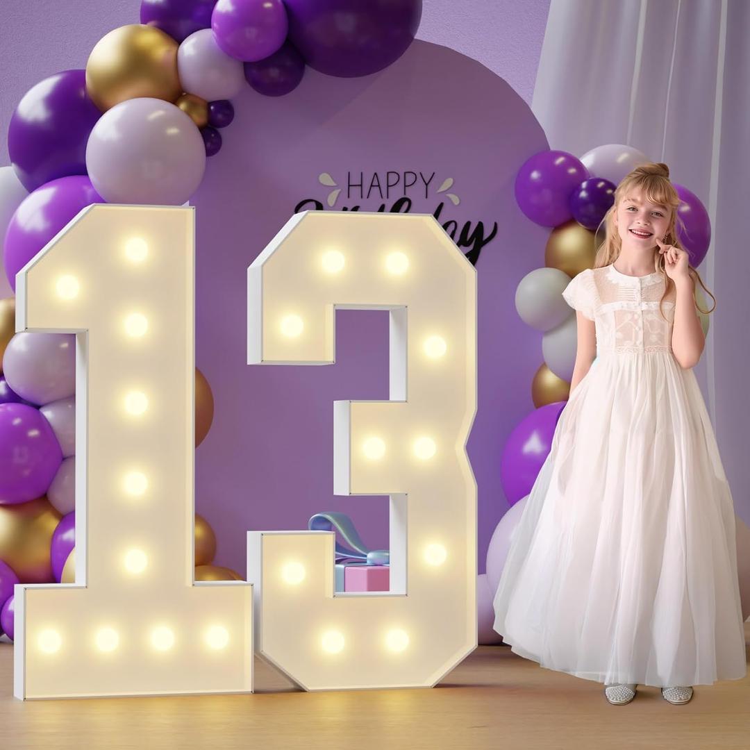 Marquee Numbers 13th-Birthday Large Decorations: 4ft Light Up NumbersBirthday Sign for Boy Girl Thirteen Year Old Anniversary Mosaic Party Decor Backdrop Big Foam Board Number 13