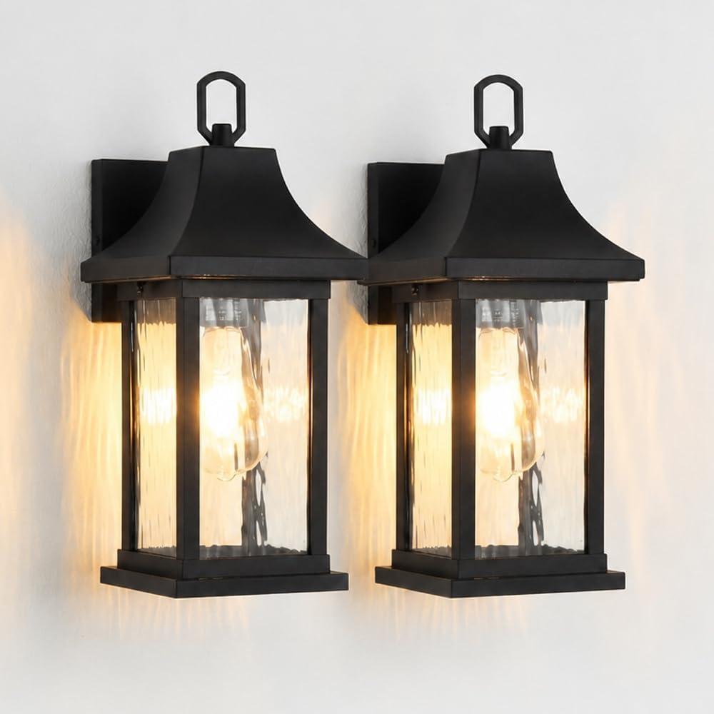 Outdoor Wall Sconces Set of 2, 15‘’ Black Outside Wall Mounted Light Fixture, 2-Light Exterior Farmhouse Wall Sconce with Water Glass, Modern Porch Lighting Exterior Lantern for House, 2 Pack, Wall lamp