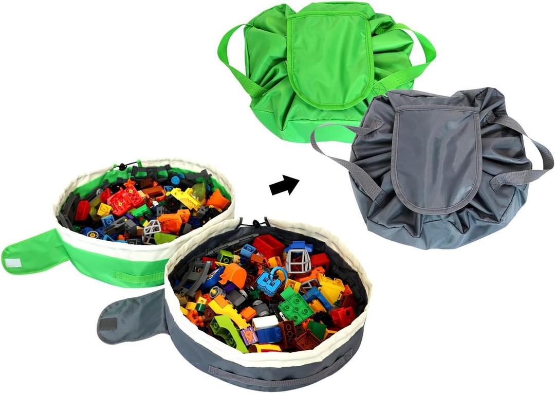 Toy Storage Bag for Lego - 2 PCS Mini Toy Play Mat Bag by Drawstring (Green and Grey)
