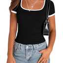 PRETTYGARDEN Women's Summer Short Sleeve T Shirts Ribbed Knit Square Neck Color Block Slim Fit Basic Casual Crop Tops Blouses (Black,M)