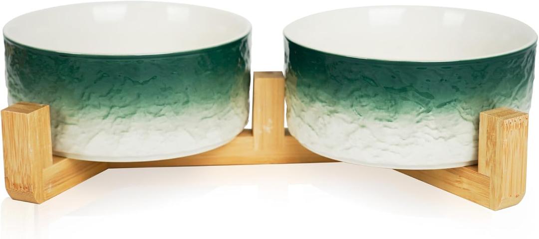 YOBRO Elegant Dog Bowls Set for Medium Dogs, Beautiful Ceramic Stone Alike Style, Pet Bowl Set with Wooden Stand, Non-Slip, Modern Food or Water Breeds Dishs, Gifts for Dog Owners, Green