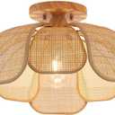 Boho 20 Inch Rattan Flush Mount Ceiling Light Flower Light Fixtures Handwoven Lampshade Ceiling Lamp Fixture for Bedroom Kitchen Island Dining Room Living Room