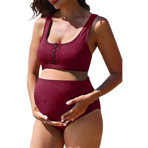 Summer Mae Maternity Ribbed High Waist Swimsuit Crop Top Bikini Bathing Suit High Cut Two Piece Pregnancy Swimwear (Medium, Wine Red)