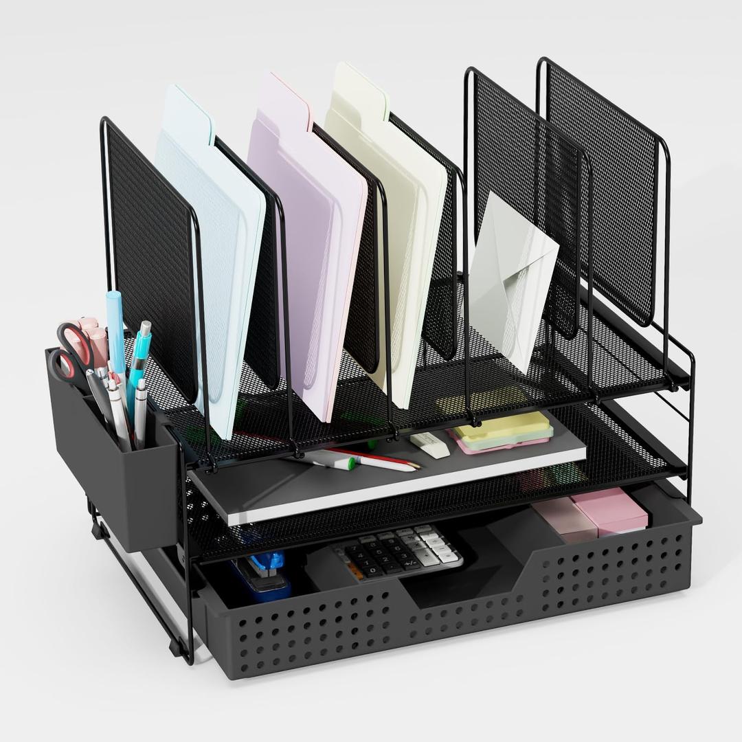 LEKETREE Desk Organizer, Office Organization with Vertical File Holder, File Organizer with Drawer and Pen Holder, Desk Accessories and Workspace Organizers for Home Office (Black) (2 Tier)
