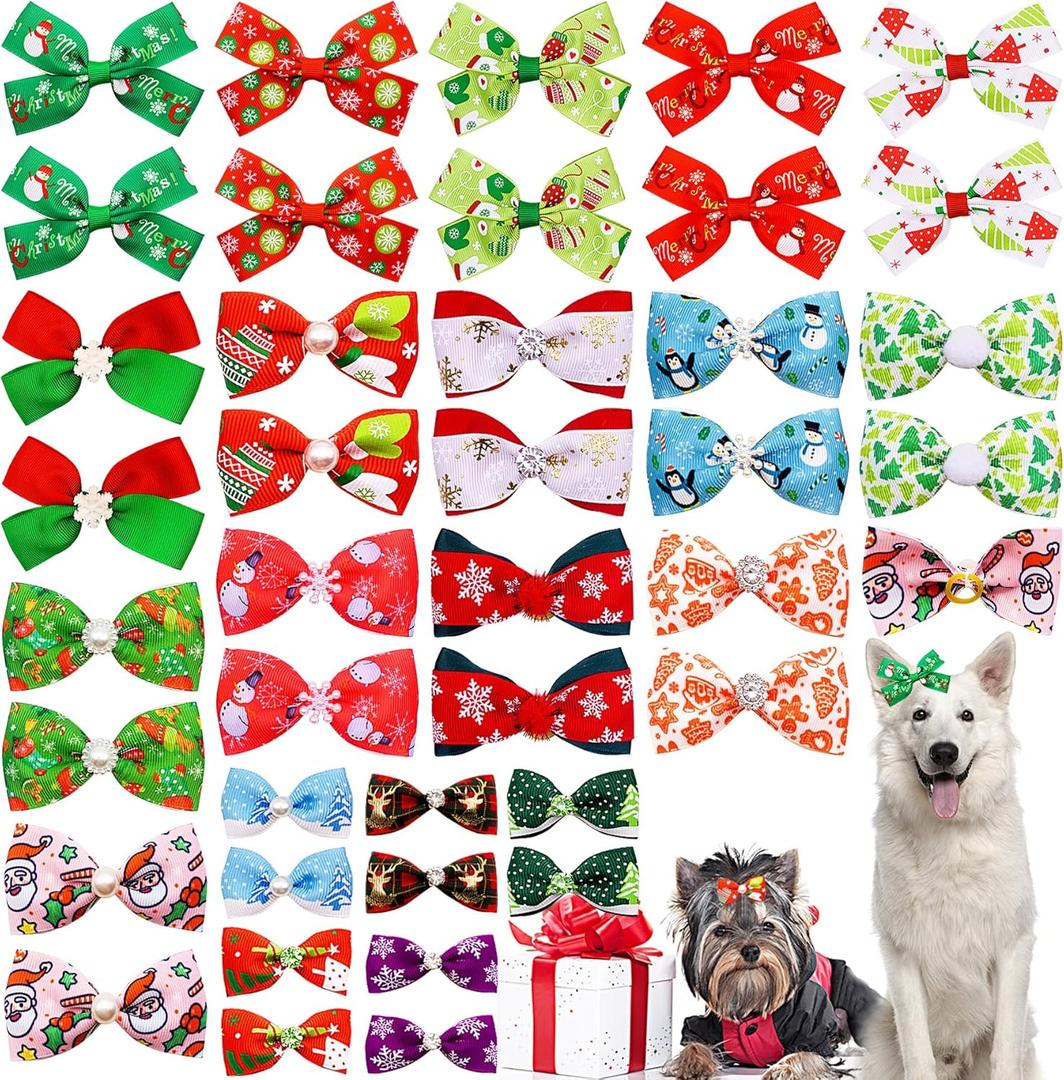 PET SHOW 20Pairs 2" 3" 4" Christmas Big Dog Hair Bows with Rubber Band for Small Medium Large Dogs Rhinestone Bowknot Topknot Cats Rabbits Girl Boy Xmas Party Grooming Hair Accessories