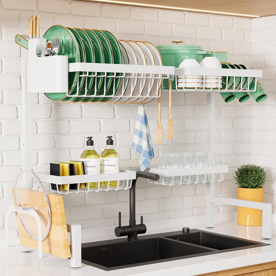 Kitsure Over The Sink Dish Drying Rack - 30.0" to 33.9"x21.5", Adjustable Sink Drying Rack for Kitchen Sink with Multifunctional Baskets, White (Large)
