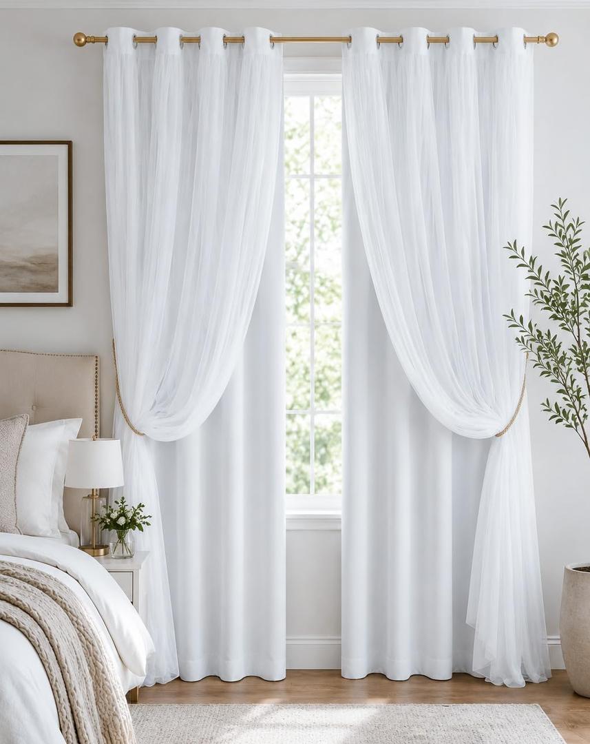 PONY DANCE Double Layer Blackout Curtains with White Sheer for Bedroom, White Window Drapes 95 Inches Long for Living Room,Thermal Insulated Two-Layer Curtains with 4 Tiebacks, 2 Panels, 52W x 95L