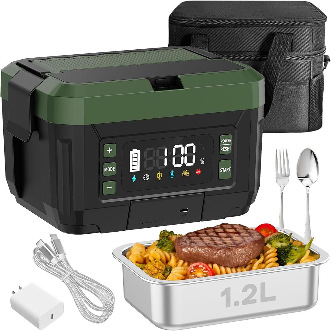 Battery Powered Heated Lunch Box - 20000mAh Cordless Electric Lunch Box for Adults, 1.2L Stainless Steel Self-Heating Food Warmer with Removable Battery, Portable for Work, Office, & Travel (Black&Green)