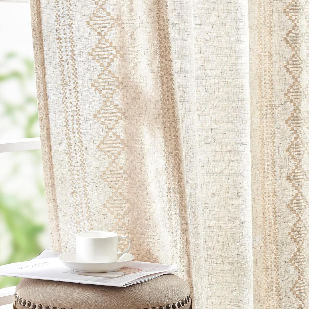 jinchan Boho Curtains Linen Blend Ivory Farmhouse Curtains 84 Inches Long for Living Room Square Embroidered Bordered Back Tab Living Room Window Light Filtering Bohemian Drapes 2 Panels