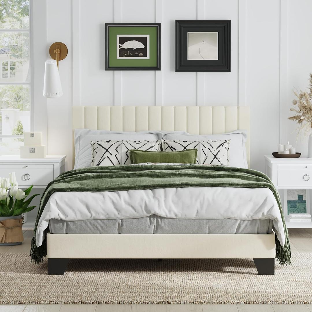 Full Size Platform Bed Frame, Velvet Upholstered, Tufted Adjustable Headboard, No Box Spring Needed, Beige (Beige, Full)
