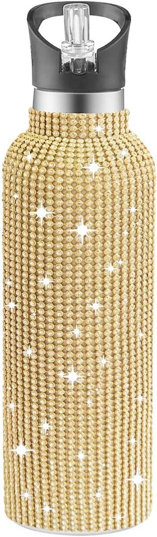 Bling Water Bottle Rhinestone, Diamond Water Bottle with Lid, Rhinestone Water Bottles for Women,Bling Tumblers 600ml20oz,Bright Gold