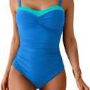 Aidonger One Piece Swimsuit Tummy Control Color Block Bathing Suits for Women Ruched Slimming Swim Suit Tie Back L