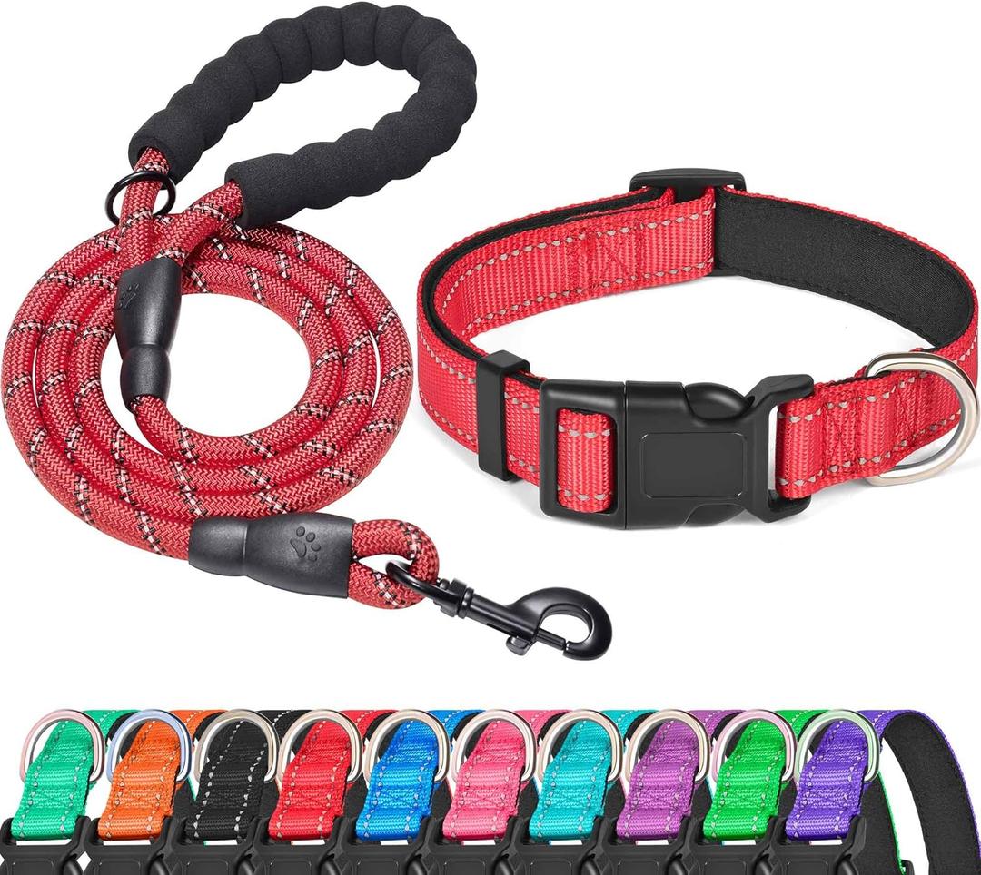 Ladoogo Reflective Dog Collar Padded with Soft Neoprene Breathable Adjustable Nylon Dog Collars for Small Medium Large Dogs (X-Small (Pack of 1), Red Collar+Leash)