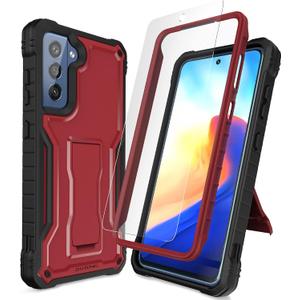DUOPAL for Samsung Galaxy S21 FE 5G Case, Military Grade Protection Shockproof Case with Tempered Glass HD Screen Protector and Kickstand Compatible with Samsung S21 FE Phone 6.4 5G Inch (Red)