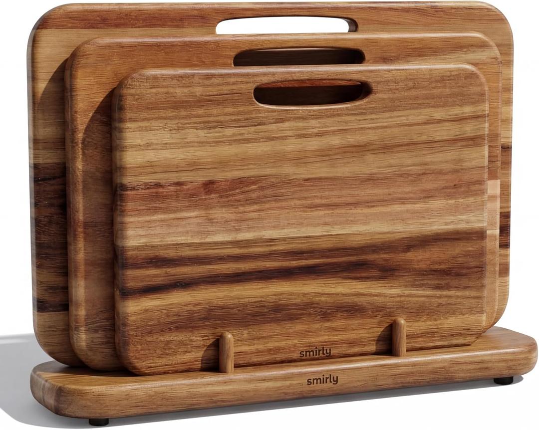 SMIRLY Wooden Cutting Boards for Kitchen, Double-Sided Cutting Board with Handle, Heavy Duty Solid Acacia Wood Cutting Board Set with Stand, 3 Pcs Cutting Boards Non Toxic for Meat Vegetable Fruit