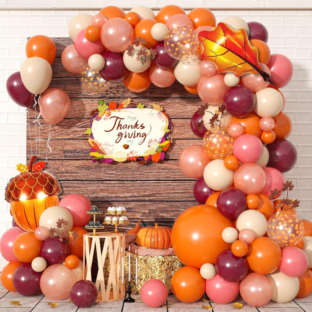 Fall Balloon Arch Kit, Autumn Birthday Party Decor Terracotta Orange Dusty Pink Balloon Garland Maple Acorn Foil Balloons for Thanksgiving Fall Harvest Birthday Bridal Shower Party Decorations