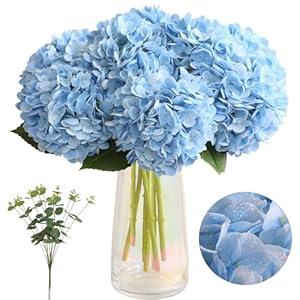 Tifuly Fake Hydrangea Artificial Flowers with Vase 4pcs Real Touch Faux Hydrangea and 3pcs Eucalyptus Leaves for Wedding Centerpiece Home Garden Party Decoration（Blue）