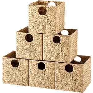 Jinei 6 Pcs Water Hyacinth Storage Baskets 12"x12"x12" Wood Color | Handwoven Wicker Bins with Handles, Wicker Cube Baskets Bulk for Shelves Organizer Laundry, Closet Bedroom
