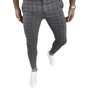 Men's Fashion Stretch Dress Pants Slim Fit Plaid Skinny Long Pants Casual Business Golf Dress Pants Size XL