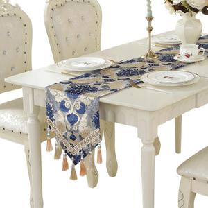Vintage Table Runner Jacquard Fabric with Multi-Tassels Table Runners for Dining Room Dresser Wedding Holiday Party Decorations (Blue, 11 x 62 inch)