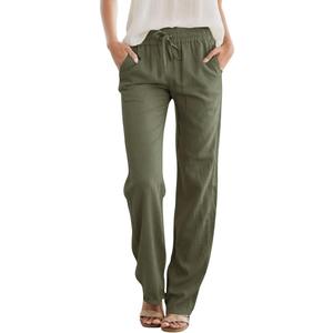SEMARO Women's Casual Linen High Waist Pants Drawstring Loose Fit Summer Pants Trousers with Side Pockets (Small, Army Green)