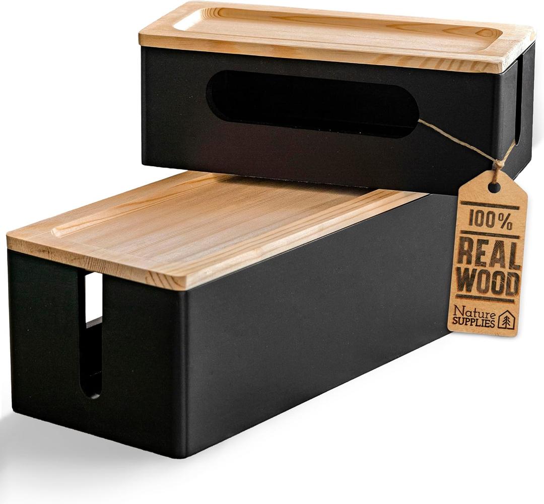 [Pack of 2] Wooden Cable Storage Box, Large Storage Stand for Desk, TV, Computer, USB Hub Black