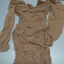 Wenrine Women's Mesh Long Sleeve Square Neck Ruched Party Club Cocktail Bodycon Mini Dress (Brown, XS)