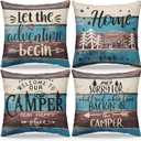 Welcome to Our Camper Set of 4 Decorative Rustic Throw Pillow Covers, 18 x 18 Inch, Let The Adventure Begin Cushion Covers, RV Home Bedroom Room Decor, Camper Gifts