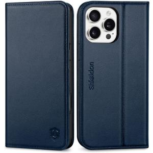 SHIELDON Case for iPhone 16 Pro Max 6.9", Genuine Leather Wallet with Kickstand RFID Blocking Card Slot Magnetic Shockproof Case Men Women Compatible with iPhone 16 Pro Max 2024 - Nappa Navy Blue