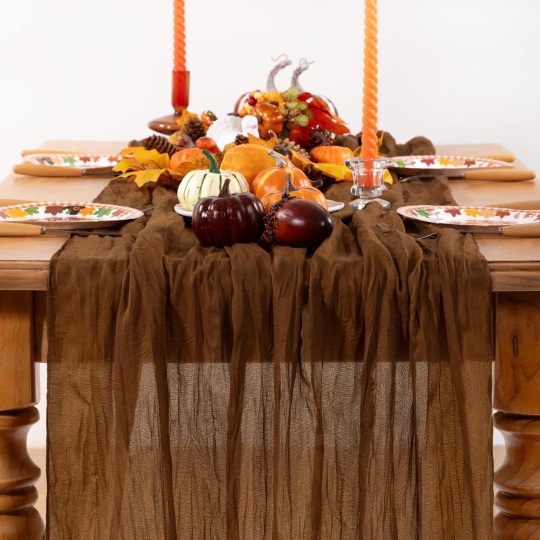 DeZerlor Brown Cheesecloth Table Runner Spring Table Runner Boho Gauze 120 Inches Marron Cheesecloth Table Decor for Wedding Bridal Baby Shower Valentine's Day