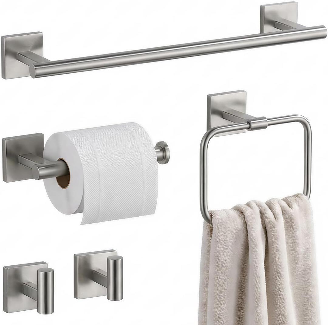 16" Brushed Nickel Bathroom Hardware Set 5-Piece, Fingerprint-Free SUS304 Stainless Steel Towel Bar for Small Bath & RV, Modern Square Bath Accessories Kit (Brushed Nickel)