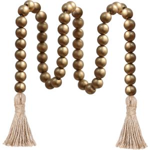 Meplait 39in Wood Bead Garland Farmhouse with Tassels,Versatile Prayer Beads Boho Chic Wall Hanging Home Decor (Gold)
