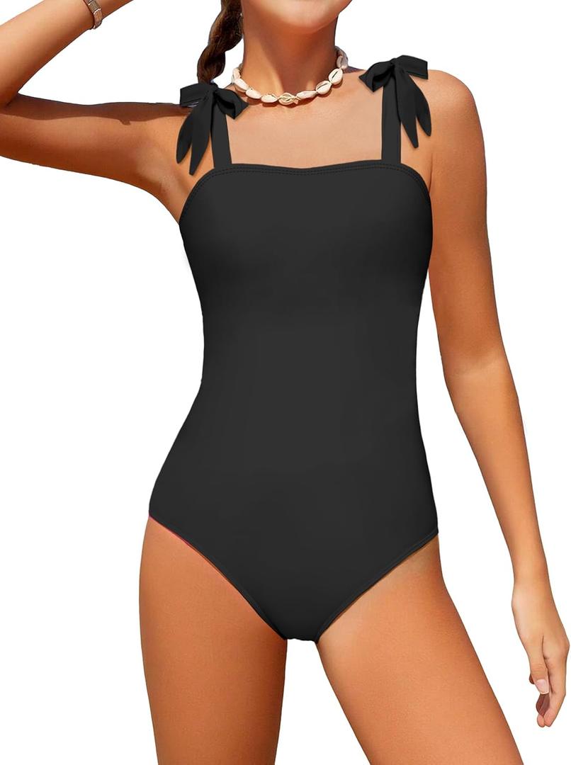 Girls Swimsuit One Piece Casual Color-Block Adjustable Straps Girls Bathing Suit Swimwear 9-16T (11-12 Years, Black)