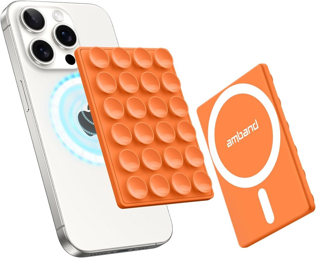 amBand Magnetic Sticky Phone Suction Grip for MagSafe, Removable for Wireless Charging, Durable Magnet Silicone Portable Mount Stand for iPhone 12 13 14 15 16 17, Hands-Free Video/Selfie, Orange