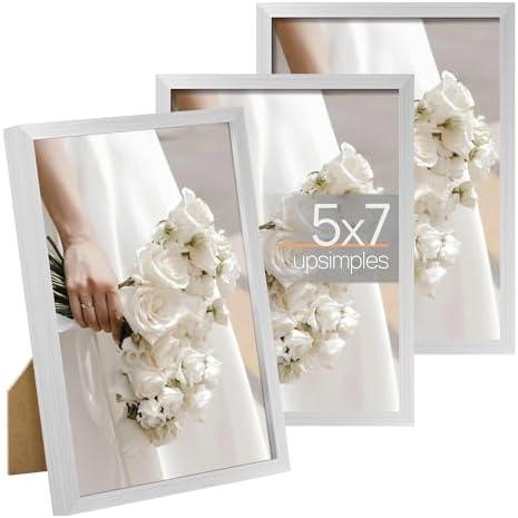 upsimples 5x7 Picture Frame Set of 3, Made of High Definition Glass for 5 x 7 Silver Frames, Wall and Tabletop Display Thin Border Photo Frame for Home Décor
