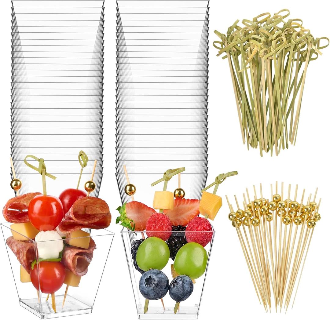Zezzxu 50 Sets 7 oz Plastic Charcuterie Cups with 200 Sticks, Square Appetizer Cup with Cocktail Picks Mini Party Serving Cups for Fruit, Snack, Dessert