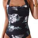 Eomenie Women One Piece Tummy Control Swimsuit Halter Scallop Trim Bathing Suits 1 Piece Vintage Ruched Slimming Swimwear (XX-Large, Black White Printed)