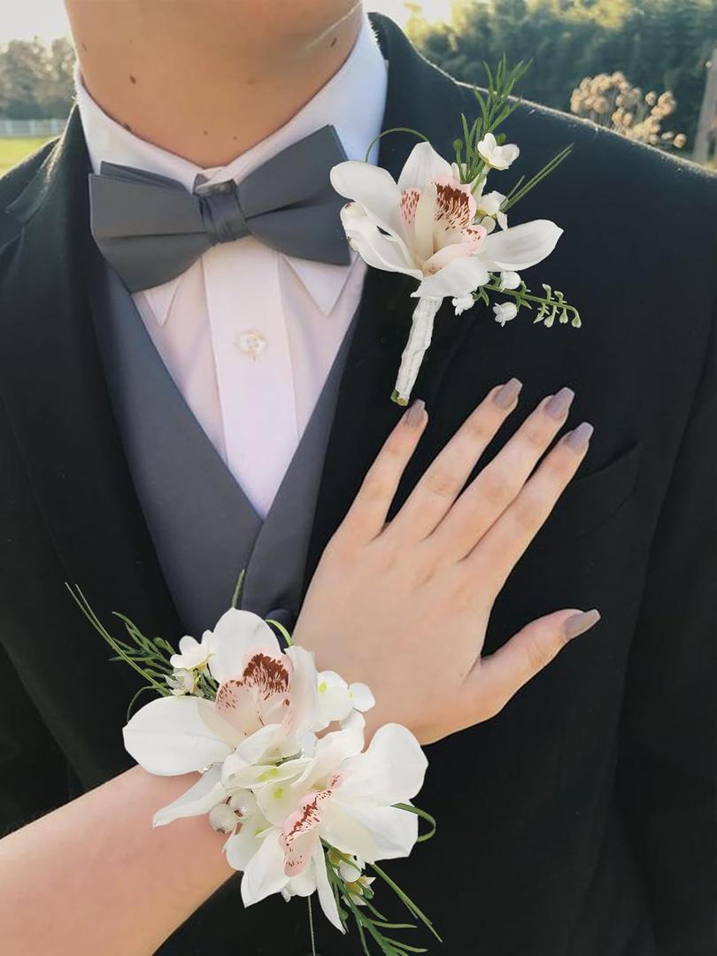 Rinlong Corsage and Boutonniere Set Orchid Corsages Wristlet Groom Flower Boutonniere for Men Wedding Homecoming Corsage for Prom (White Boat Orchid)
