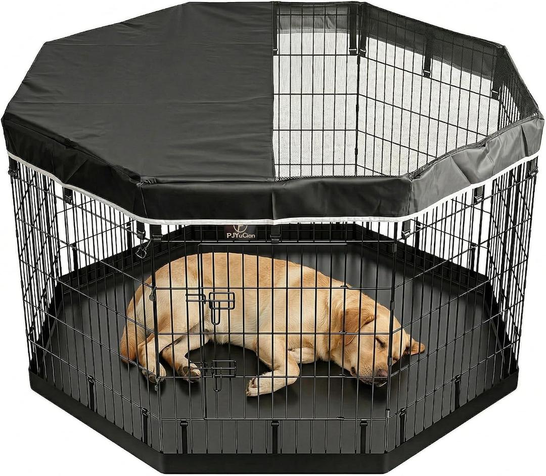 PJYuCien Dog Playpen with Top Cover and Bottom Pad - Metal Foldable Exercise Pen, 8 Panels 36" H x 24" W Indoor Outdoor Pet Fence Puppy Crate Kennel, Black