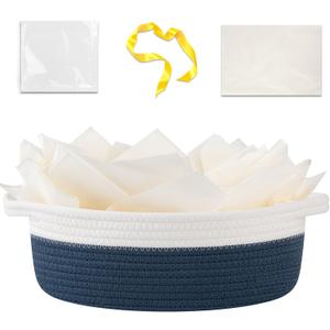 OIAHOMY Gift Basket Empty with Handle, 12"x 8"x 5" Small Woven Basket with Gift Bag, Ribbon and Wrap Tissue Paper, Dog Toy Storage for Organizing - Blue & White