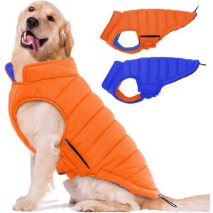 Lelepet Reversible Dog Coat Waterproof Dog Jacket Windproof Puffer Vest for Winter Warm Lightweight Coats for Medium Dogs Adjustable Hook & Loop Pet Apparel with Leash Hole, French Bulldog, Orange, L