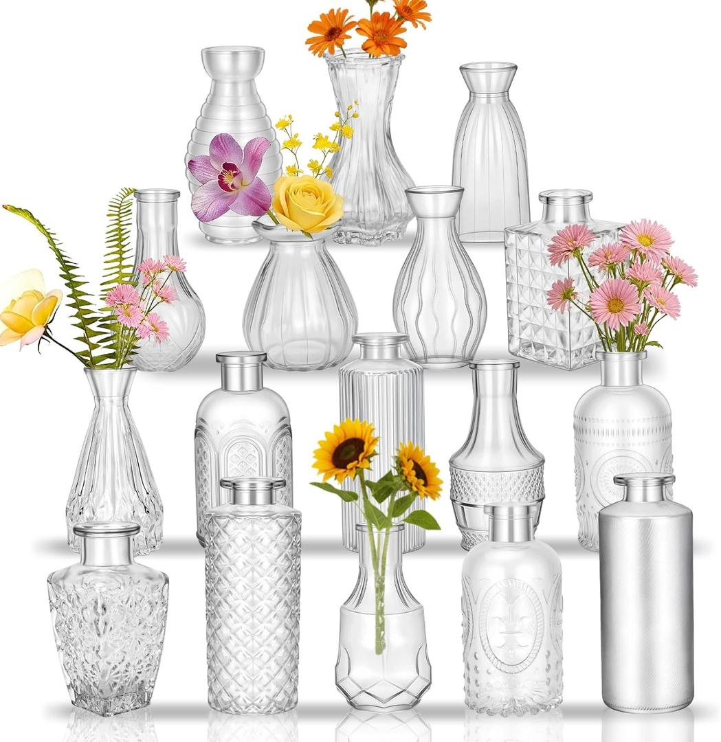 Glass Bud Vases in Bulk Set of 17, Transparent Clear Small Mini Vases for Flowers, Vintage Vase for Centepiece,Wedding, Table Decor, Baby Shower, Christmas, Home and Events