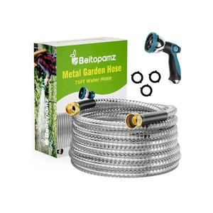 Garden Hose 75 ft, Stainless Steel Metal Water Hose with Nozzle, Flexible and Durable, Rust Proof, No-Kink, Heavy Duty, Leakproof 3/4'' Brass Fittings, Lightweight Hose for Patio, Lawn