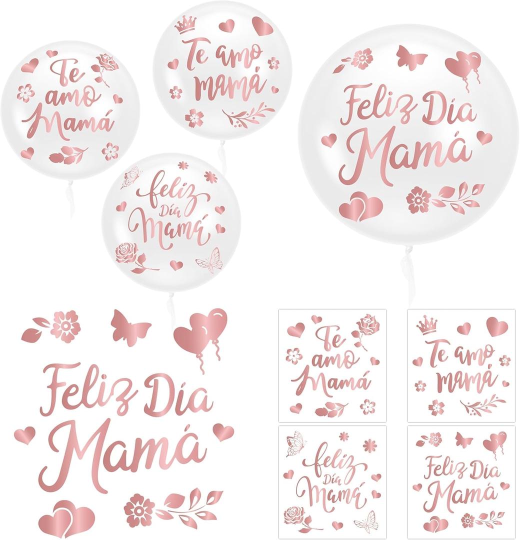 CNhoqc Mothers Day Bobo Balloons - 20Pcs Feliz Dia Mam Transparent Bobo Balloons 16Pcs Rose Gold Sticker Decals Set Moms Birthday Anniversary Home Party Decorations Supplies Bridal Shower Wedding