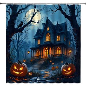 Spooky Halloween Shower Curtain Gothic Haunted House Pumpkin Lantern Crow Black Tree Full Moon Night Courtyard Scene Bathroom Decor Polyester Curtains with Hooks,70Wx70L