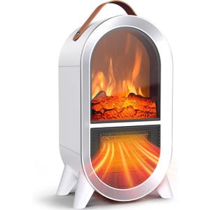 Riseon Portable Electric Fireplace Heater, 1500W/750W Mini Space Heater for Indoor Use with 3D Flame, Thermostat, Carry Handle, Overheat & Tipover Protection, for Home Office Bedroom Desk, White