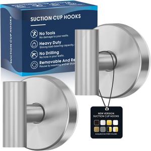 Suction Cup Hooks for Shower, Heavy Duty Shower Towel Suction Hooks, No Drill Wall Mounted Towel Hooks for Bathrooms Wall, Kitchen, Glass, Mirror, Tile to Hang Towels, Robes, Coat-Silver(2 Pack)